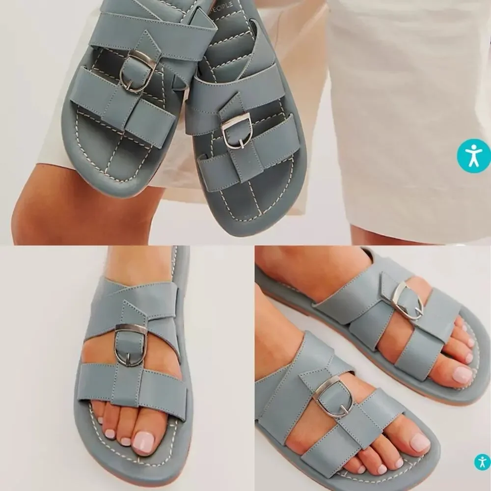 Free People‎ Leather Buckle Sandal Sloan Stormy Sea